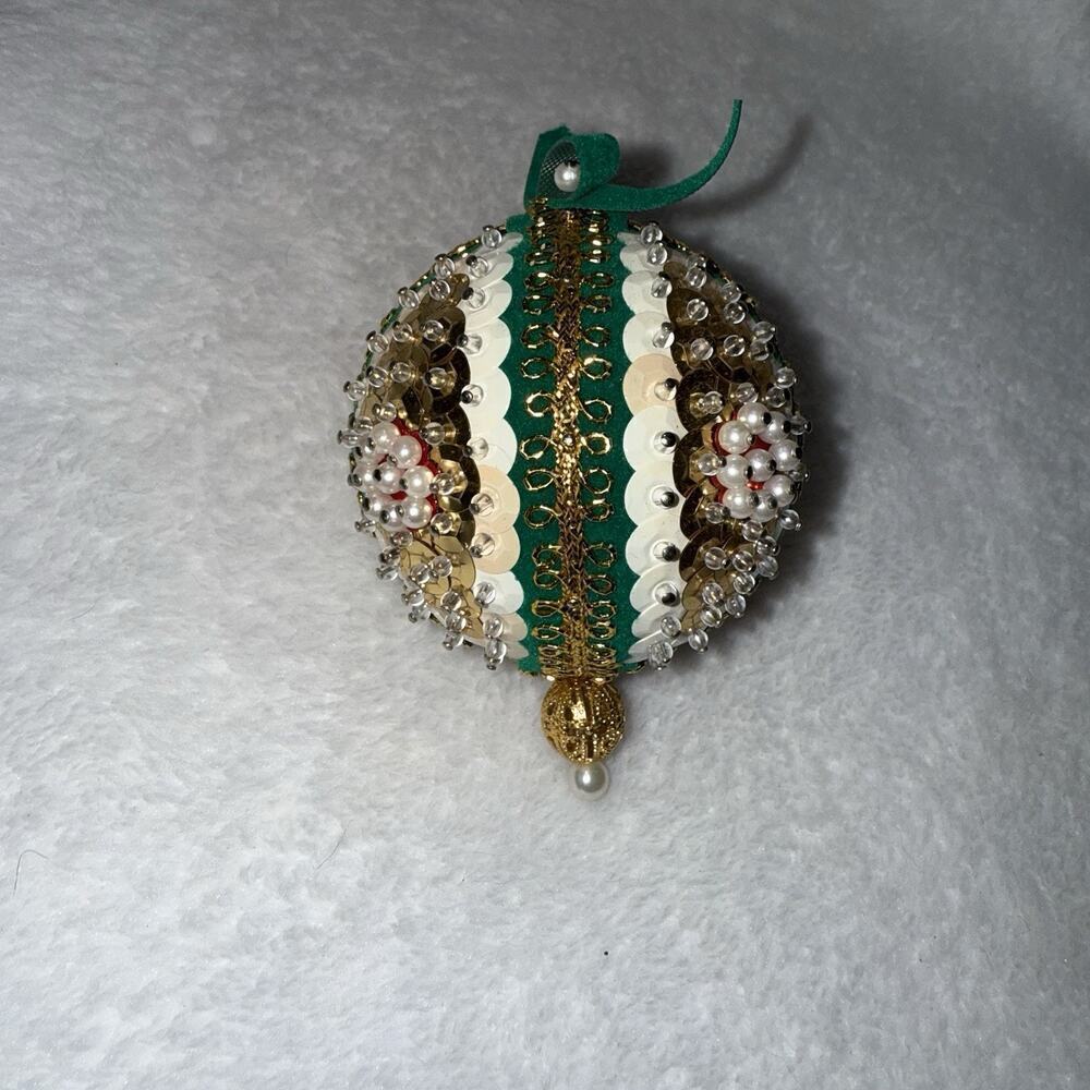 Collectible Holiday Christmas 3 x 5" Ornament Beads Sequins Green White AB Gold
